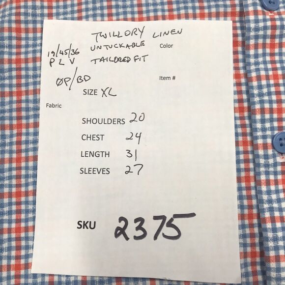 TWILLORY untuck(able) Twill Shirt Men XL Pastel Orange Blue Plaid Linen - Picture 16 of 16